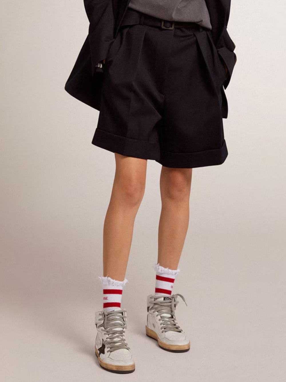 Golden Goose women’s short in navy wool gabardine with waist belt